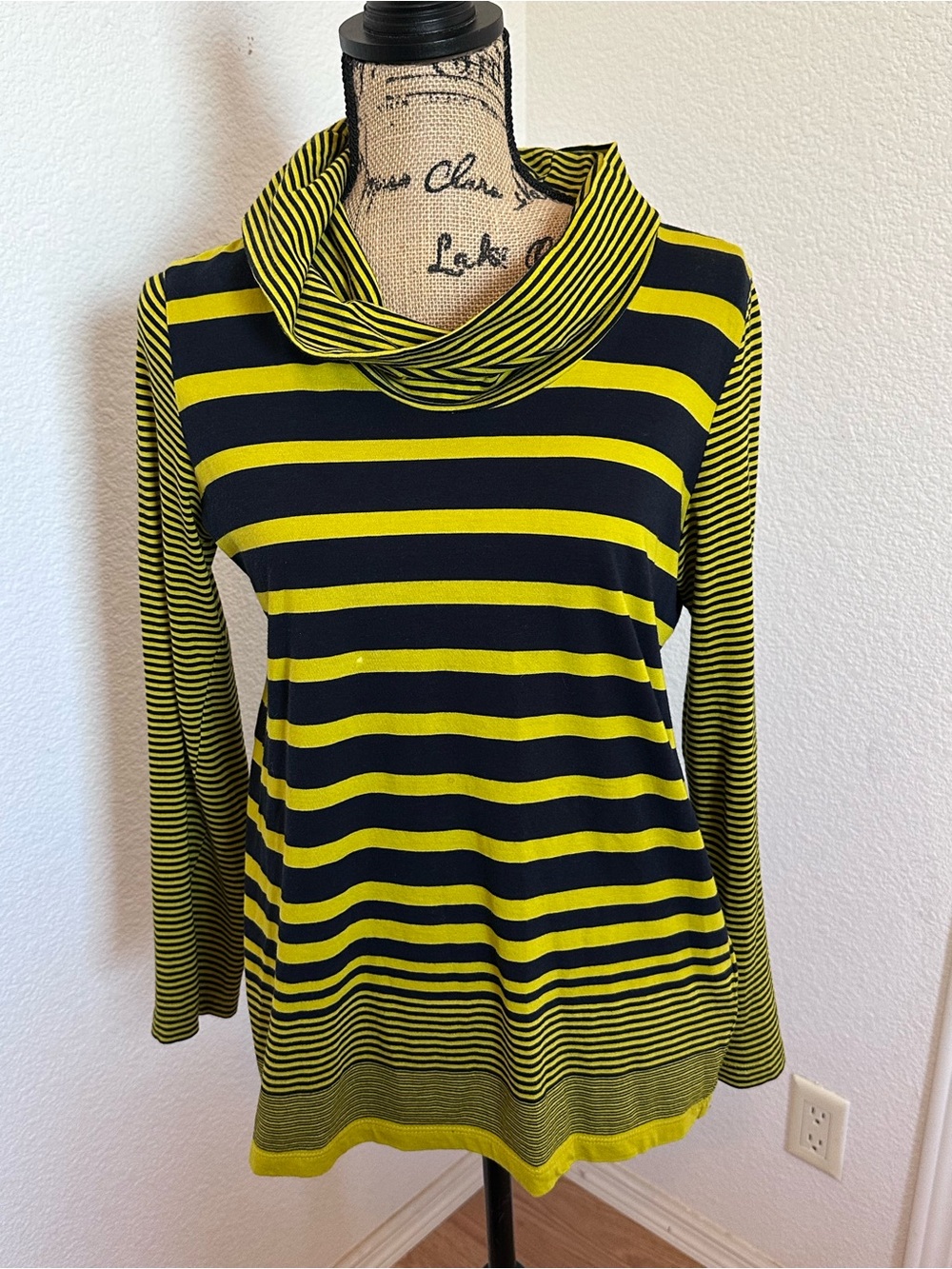 Jones New York Yellow and Black Striped Cowl Neck Sweater